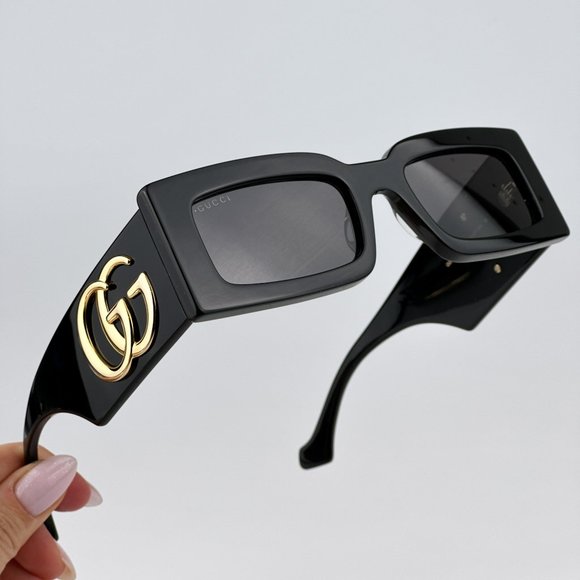 Gucci GG1425S 001 Sunglasses Black Grey Rectangle Unisex GG 1425S